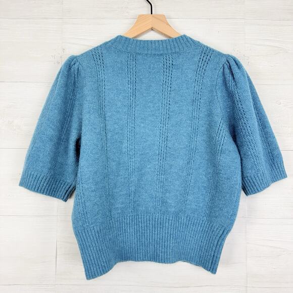 Anthropologie Greylin Puff Short Sleeve Cardigan Sweater Large Teal Romantic - Picture 6 of 13